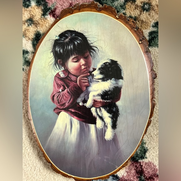 Vintage decoupage girl and her dog wooden wall hanging wall decor - Picture 6 of 6